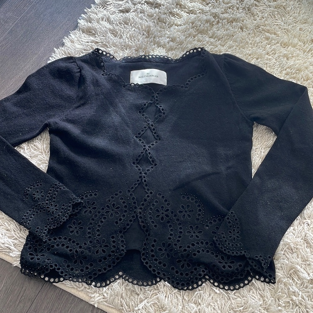 BY MALENE BIRGER | Black Eyelet Knit Cardigan Top - Picture 1 of 10